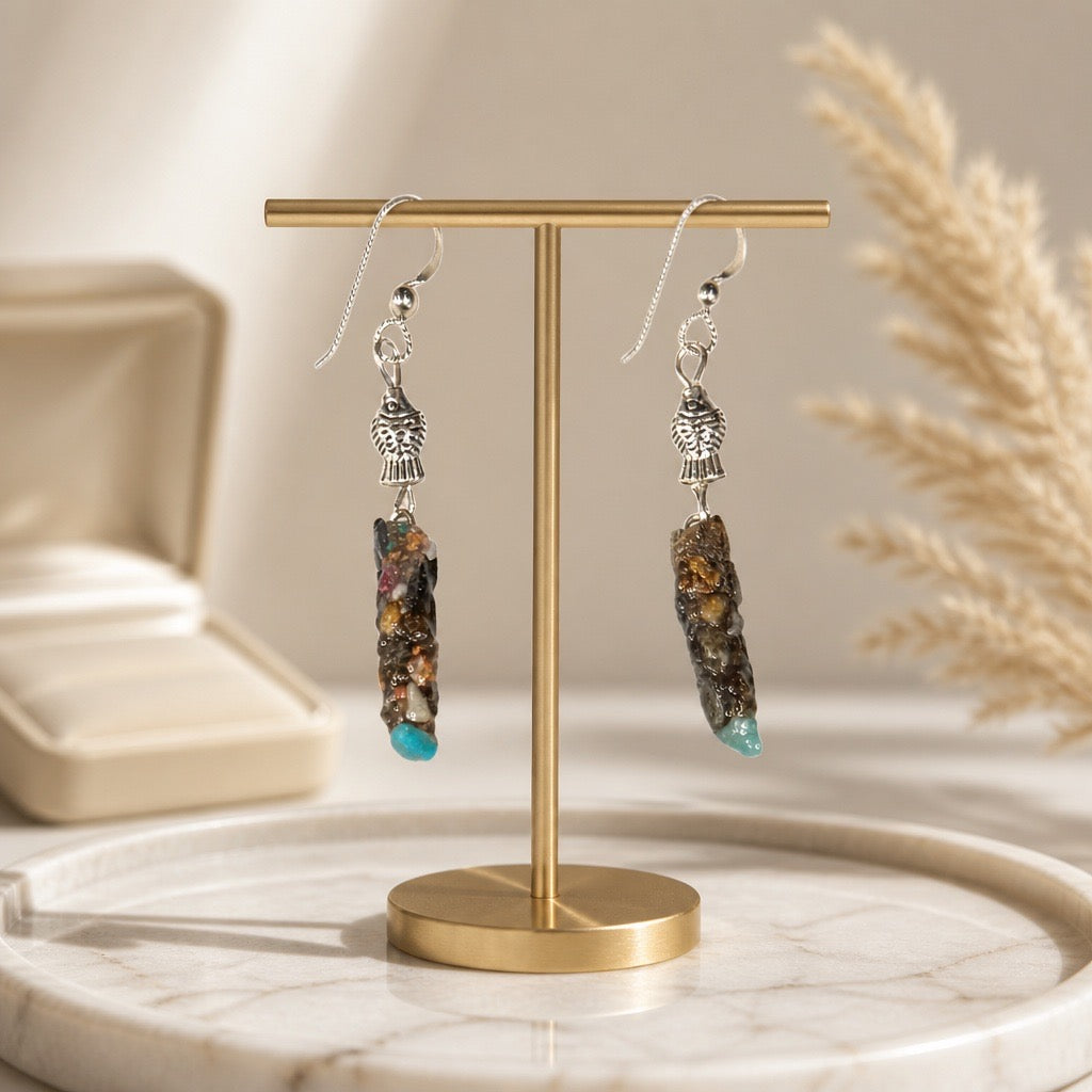 Natural Caddisfly Case earrings with special stone on the bottom.
