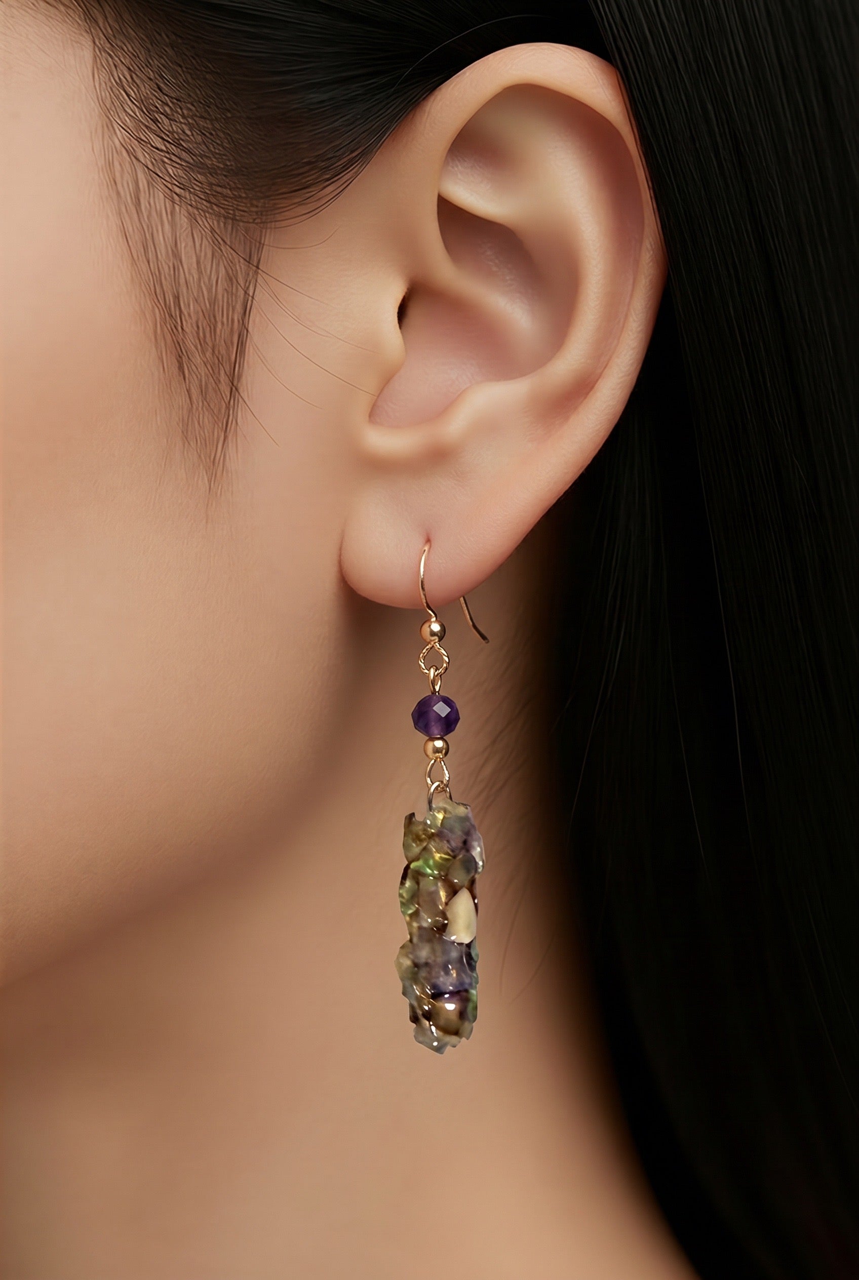 Opal Caddisfly Case earrings with Amethyst crystal