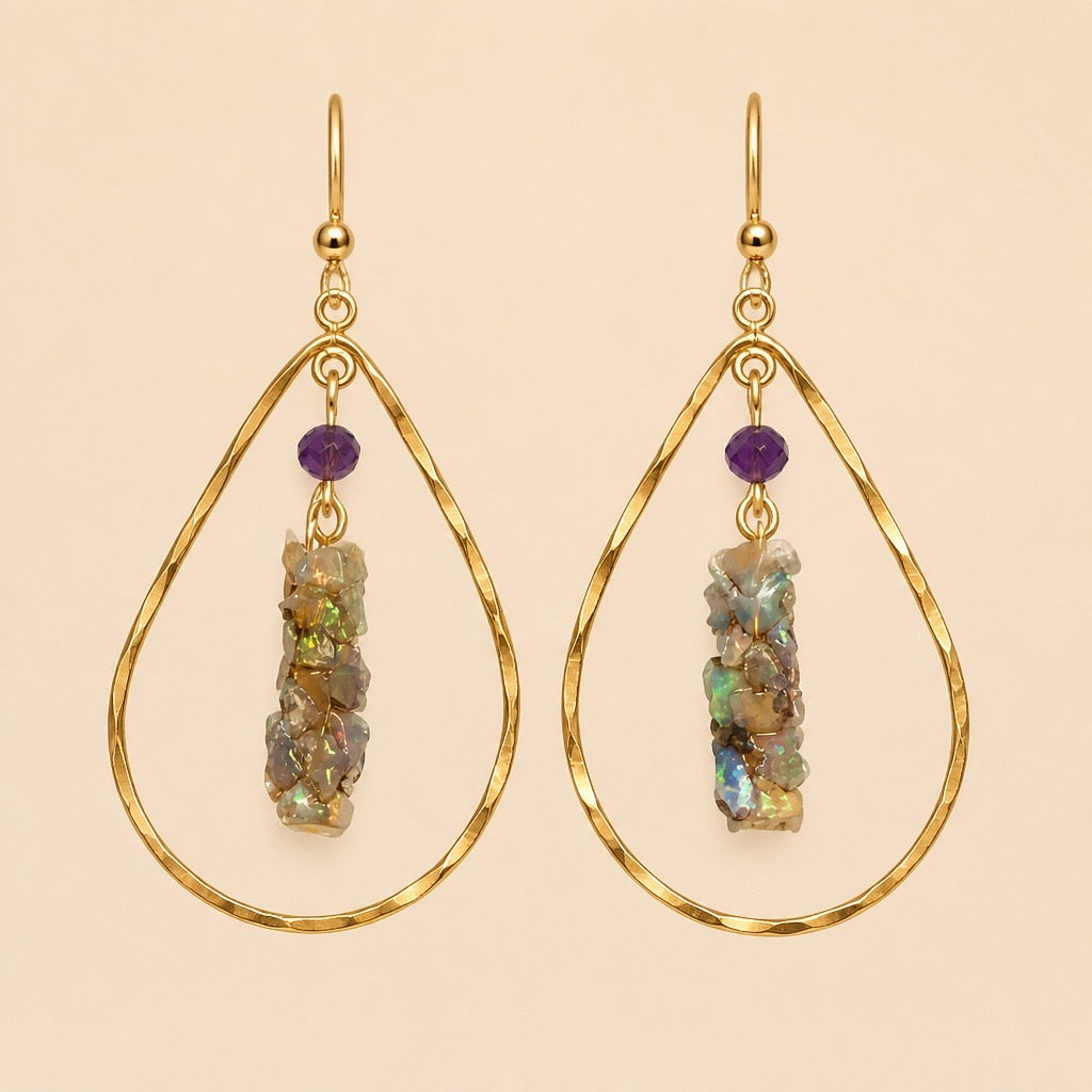 Natural Opal Caddisfly Earrings with Amethyst Crystal set in a Gold Filled loop | Gold Filled Handmade Nature Jewelry