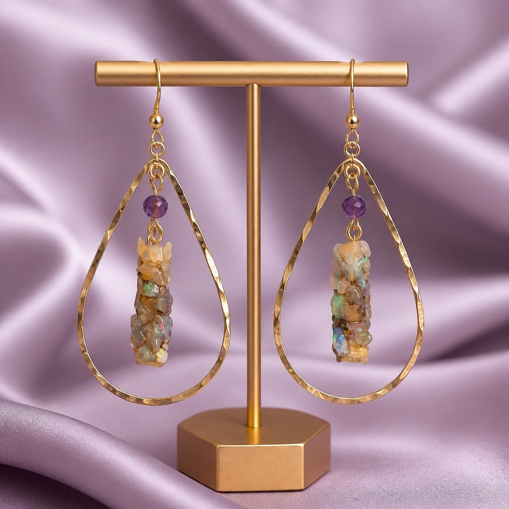 Natural Opal Caddisfly Earrings with Amethyst Crystal set in a Gold Filled loop | Gold Filled Handmade Nature Jewelry