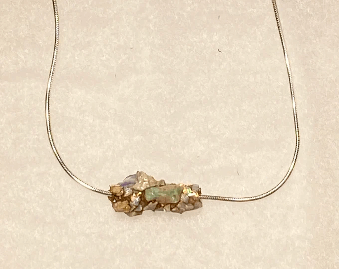 gold nugget fragments and gemstones caddisfly necklace