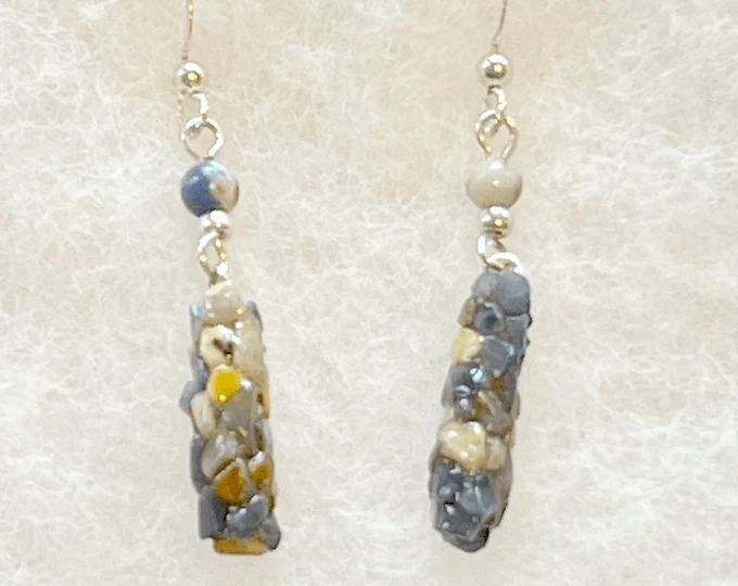 blue and gold caddisfly earrings