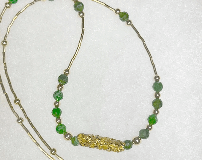 green jasper and gold ingot fragment caddisfly necklace