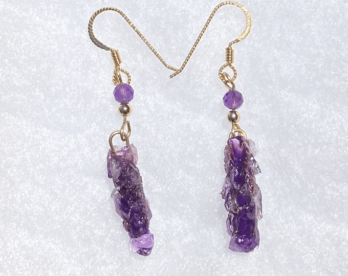 Amethyst and gold caddisfly jewelry earrings