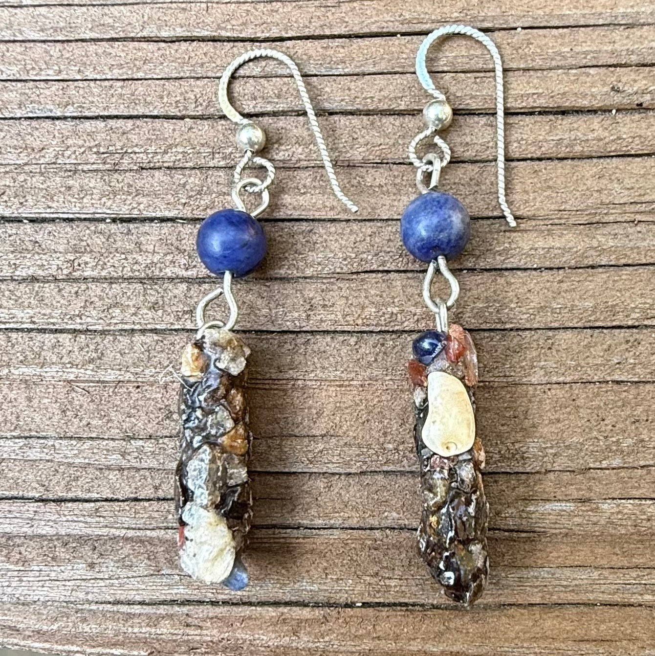 Natural Mixed Gemstone Caddisfly Case Earrings | Sodalite Accent | Sterling Silver Slipless Earwires | Nature Inspired Handmade Jewelry | Unique River Jewelryes