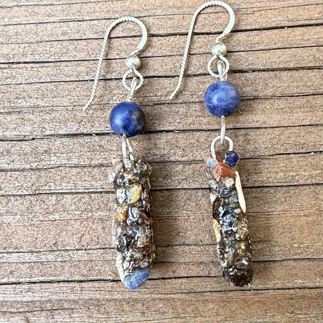 Natural Mixed Gemstone Caddisfly Case Earrings | Sodalite Accent | Sterling Silver Slipless Earwires | Nature Inspired Handmade Jewelry | Unique River Jewelryes