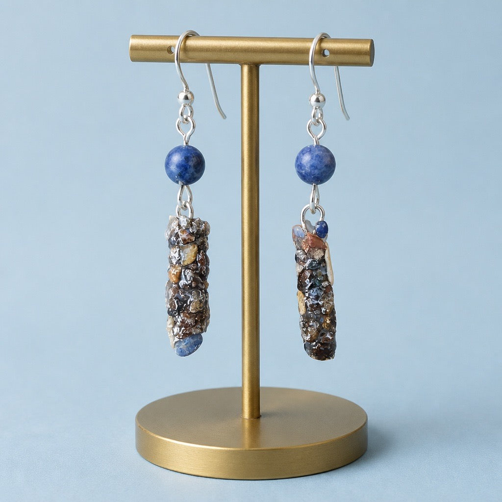 Natural Mixed Gemstone Caddisfly Case Earrings | Sodalite Accent | Sterling Silver Slipless Earwires | Nature Inspired Handmade Jewelry | Unique River Jewelryes