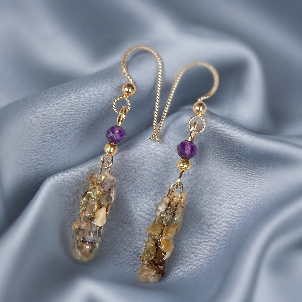 Opal Caddisfly Case earrings with Amethyst crystal